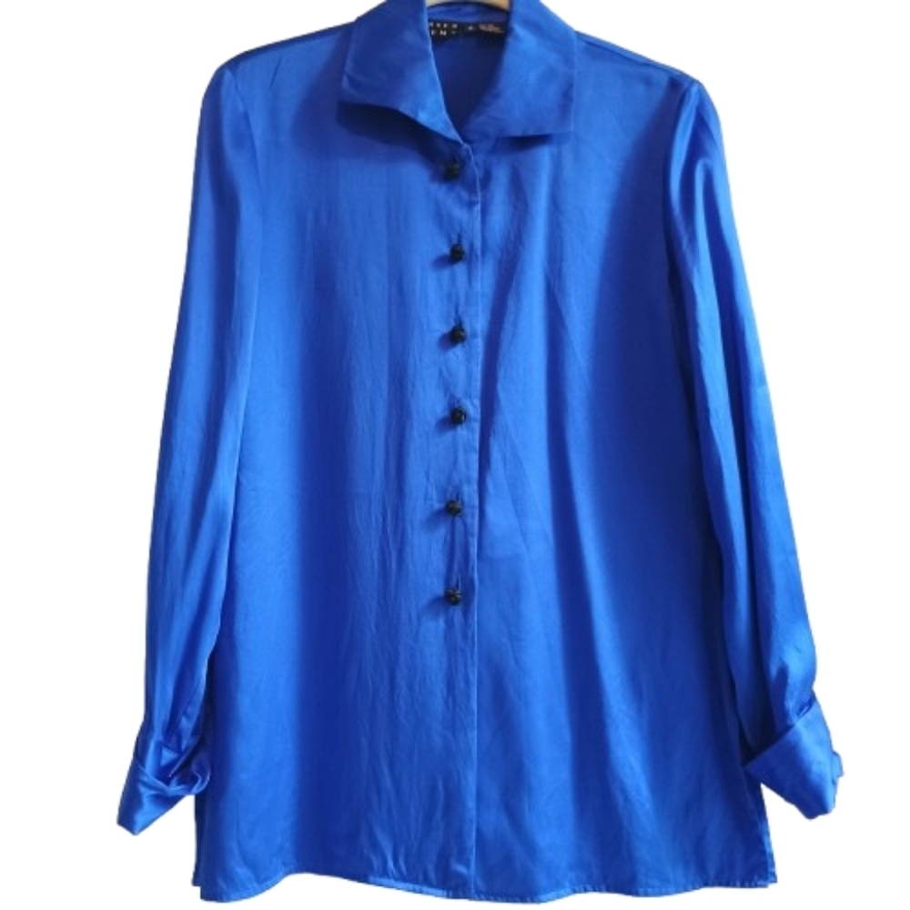 Spencer Jeremy Size Small 100% Silk Blue Blouse Long Sleeve Button-Up 28"...
